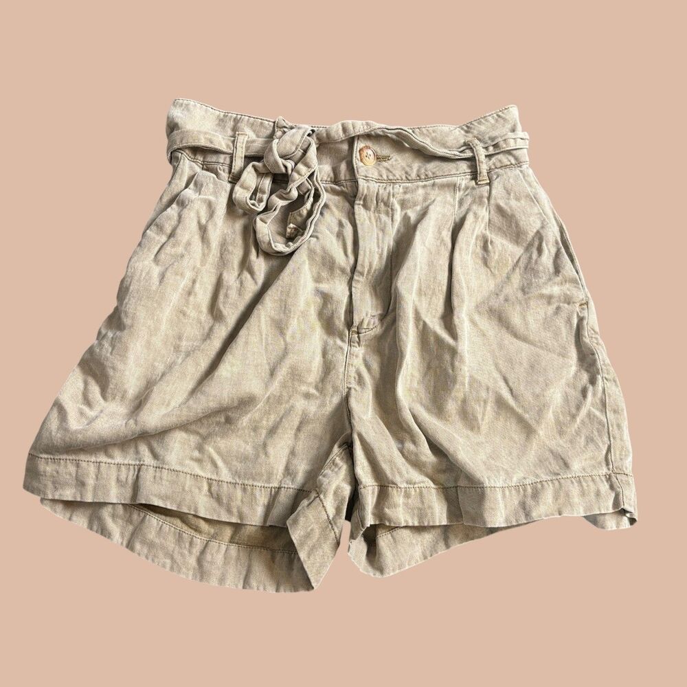 Faherty Shorts Womens Small Khaki Tie Waist Linen Lyocell Blend Belted Paper Bag